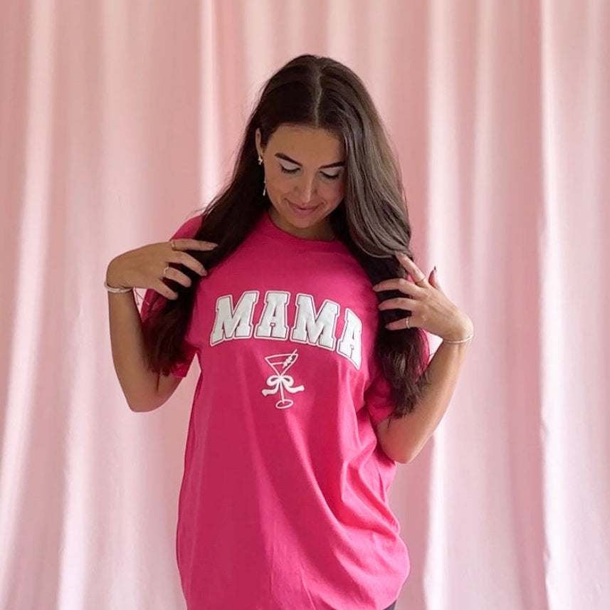 “MAMA” Hot Pink T-Shirt – Unisex Graphic Tee with Cocktail Design, Fun Mom Shirt