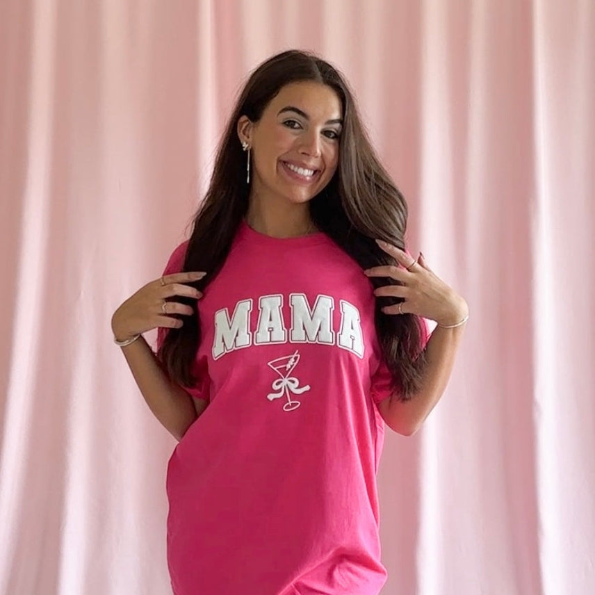 “MAMA” Hot Pink T-Shirt – Unisex Graphic Tee with Cocktail Design, Fun Mom Shirt