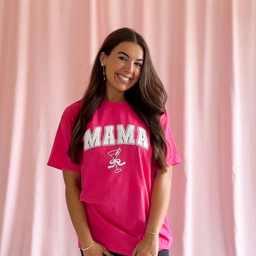 “MAMA” Hot Pink T-Shirt – Unisex Graphic Tee with Cocktail Design, Fun Mom Shirt