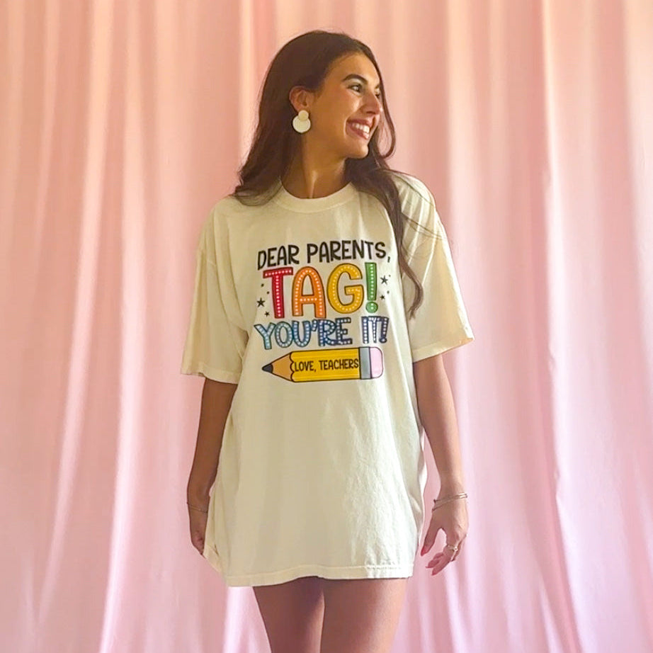 Sarcastic Teacher Tee Parents Tag Message Graphic Shirt Humorous Educator Gift Perfect Back To School Outfit Soft Comfortable Unisex Fit All Day Classroom Wear Teacher Appreciation Present Casual Professional Style Teaching Staff Essential