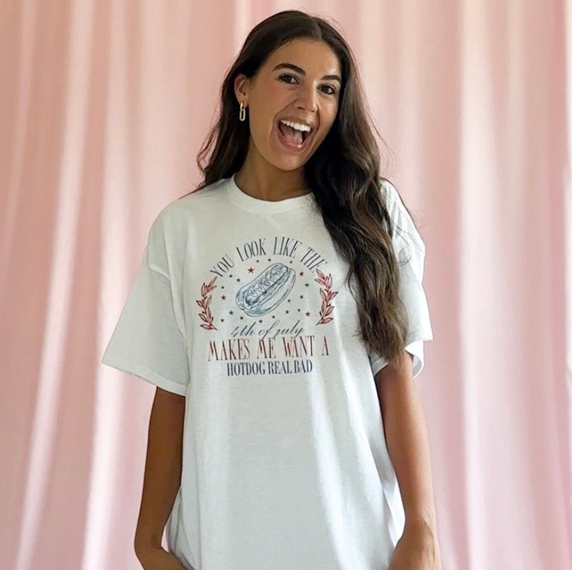 Hot Dog Quote Shirt Funny Patriotic Graphic Tee 4th July BBQ Party Clothing Independence Day Humor Tshirt Summer Celebration Wear Movie Inspired Design Unisex Soft Material Shirt Fireworks Party Outfit Bold Statement Graphic America Pride