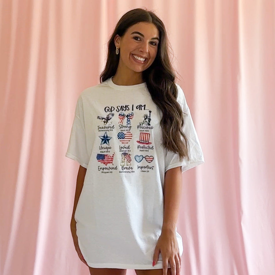 Fourth Of July Christian Shirt God Says I Am Faith Based Graphic Tee Patriotic Religious Clothing Red White Blue Design Independence Day Church Wear Inspirational Faith Statement Unisex Comfortable Tee American Pride Christian Celebration