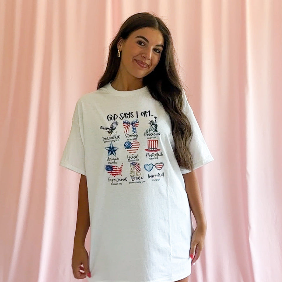 Christian Patriotic Shirt God Says I Am Design Faith Based Tee Fourth Of July Graphic Tee Red White Blue American Pride Religious Clothing Independence Day Church Event Wear Inspirational Message Unisex Comfortable Soft Tee Faith Statement