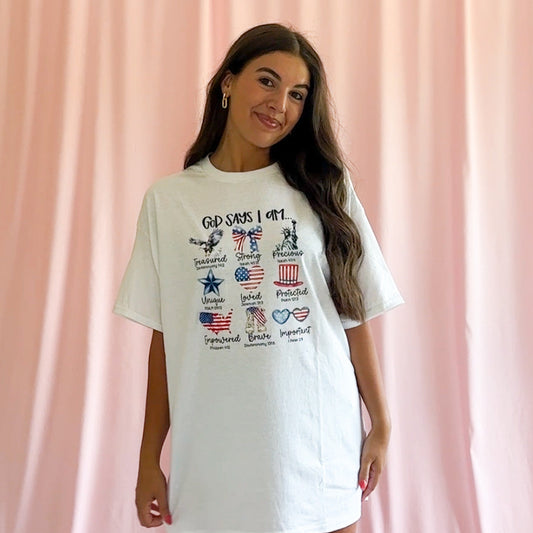 Christian Patriotic Shirt God Says I Am Design Faith Based Tee Fourth Of July Graphic Tee Red White Blue American Pride Religious Clothing Independence Day Church Event Wear Inspirational Message Unisex Comfortable Soft Tee Faith Statement