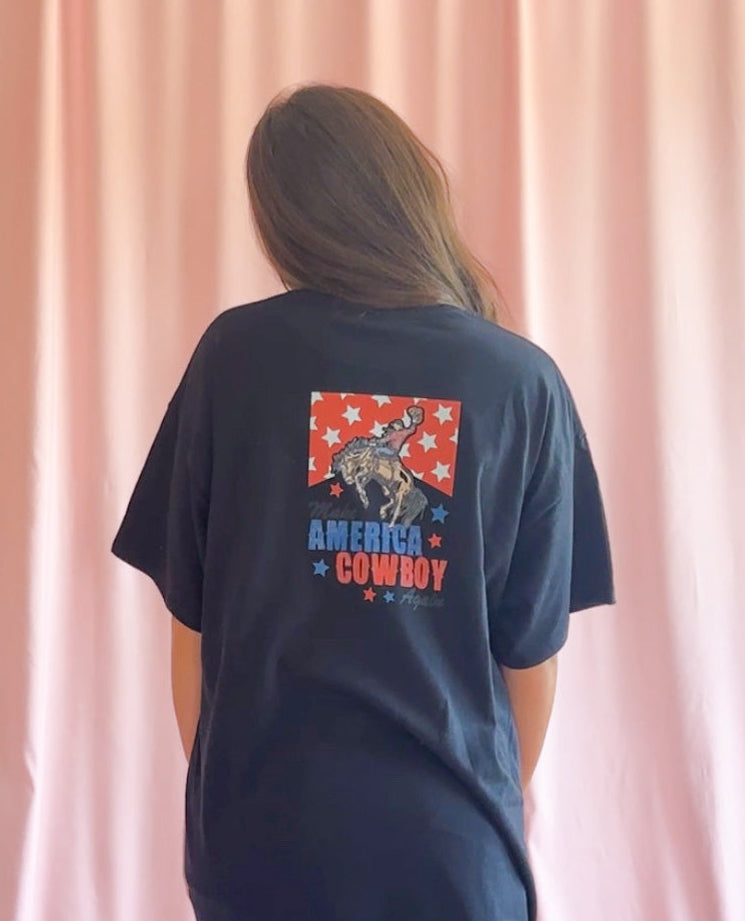 Western Graphic Tee Shirt Make America Cowboy Again Design Unisex Cotton Blend Perfect Rodeo Outfit Country Concert Ready Wear Bold Patriotic Statement Cowboy Culture Apparel Casual Western Fashion Gift Idea Country Music Lover Vintage