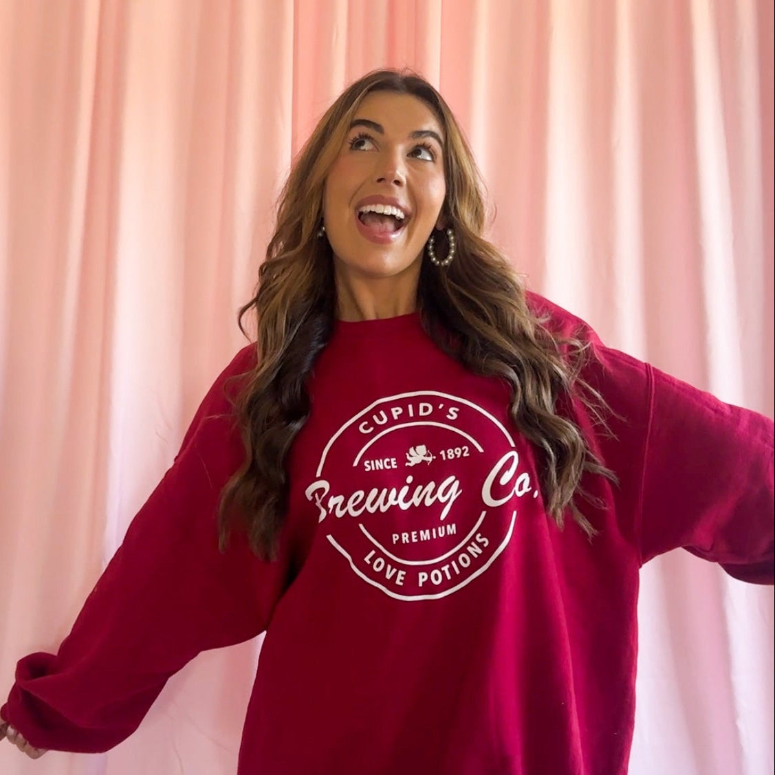 Womens Oversized Sweatshirt Red Valentine Day Style Cozy Soft Pullover Relaxed Fit Design Cupids Brewing Co Love Potions Logo Comfortable Casual Wear Perfect Holiday Gift Outfit Bold Red Color Winter Comfort Clothing Premium Quality