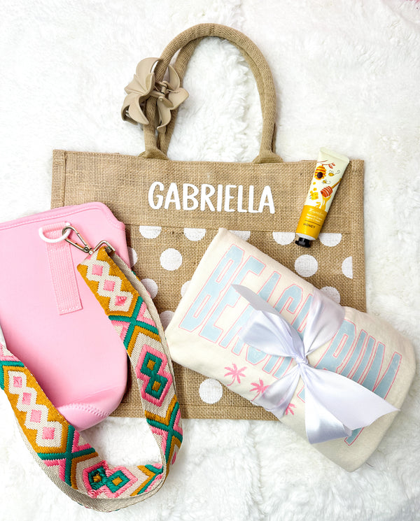 Personalized Beach Bag Custom Summer Gift Set Complete Bundle With Monogrammed Tote 40 Oz Tumbler Strap Beach T Shirt Hydrating Hand Lotion Claw Clip Accessory Perfect Vacation Essential Spacious Design Summer Adventure Ready Poolside