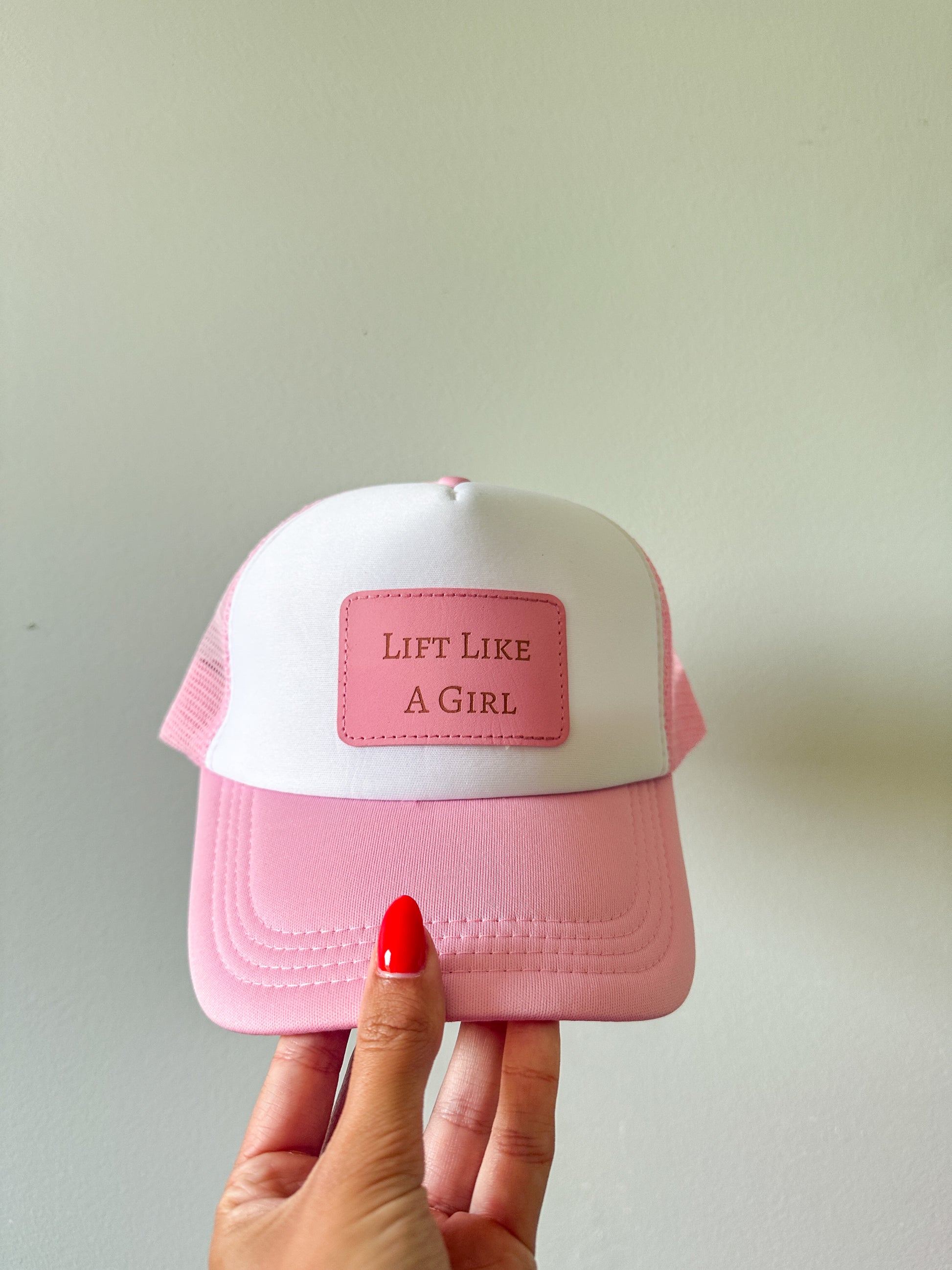 Gym Hat Women Workout Trucker Hat Breathable Mesh Back Design Adjustable Snap Closure Pink Athletic Cap Motivational Lift Like Girl Laser Engraved Leather Patch Fitness Training Essential Comfortable Fit Ventilated Construction