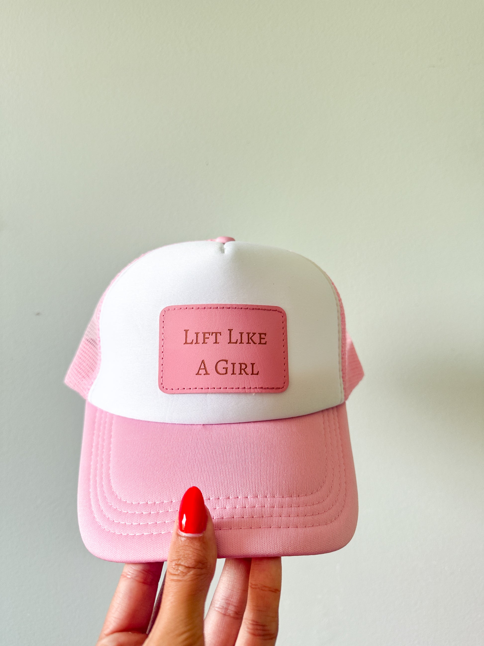 Fitness Trucker Hat Women Breathable Mesh Design Pink Athletic Cap Adjustable Fit Motivational Workout Hat Lift Like Girl Engraved Patch Gym Training Accessory Comfortable Ventilated Back Construction Weightlifting Style Essential Trendy