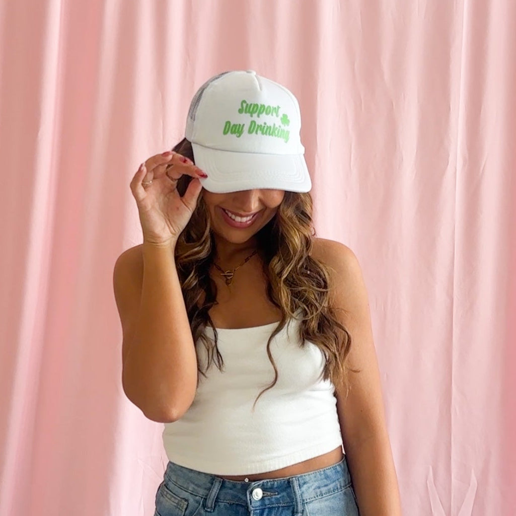 White Trucker Cap St Patricks Day Hat Mesh Back Baseball Style Funny Day Drinking Phrase Green Shamrock Design Irish Holiday Party Accessory Perfect Celebration Wear Bar Crawl Essential Novelty Gift Humor Statement Casual Festival Outfit