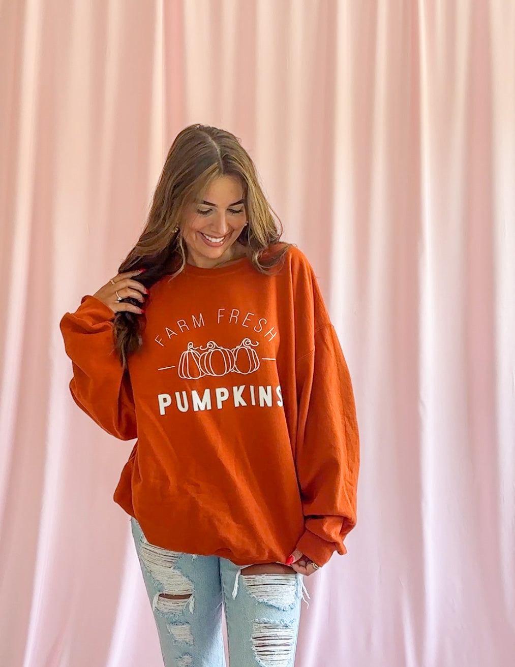 Farm Fresh Pumpkin Patch Sweater Charming Fall Design Soft Knit Fabric Comfortable Autumn Fashion Relaxed Fit Casual Style Cozy Seasonal Wear Perfect Weekend Outfit Farmhouse Chic Aesthetic Trendy Oversized Look Available Harvest Season