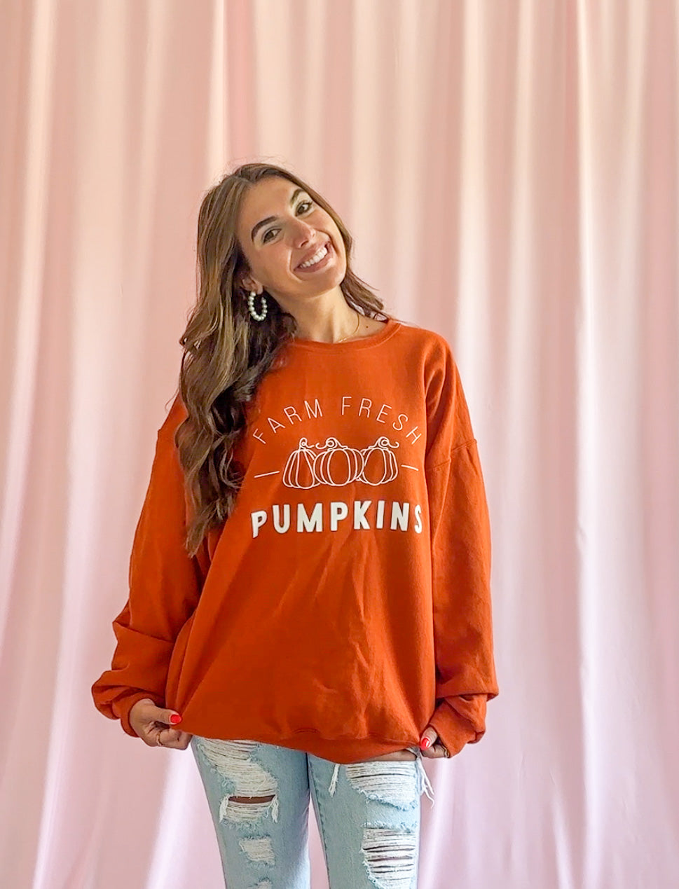 Soft Knit Pumpkin Sweater Cozy Fall Fashion Comfortable Autumn Top Farm Fresh Patch Design Relaxed Fit Style Casual Weekend Wear Perfect Seasonal Wardrobe Essential Charming Farmhouse Aesthetic Trendy Oversized Option Available Harvest