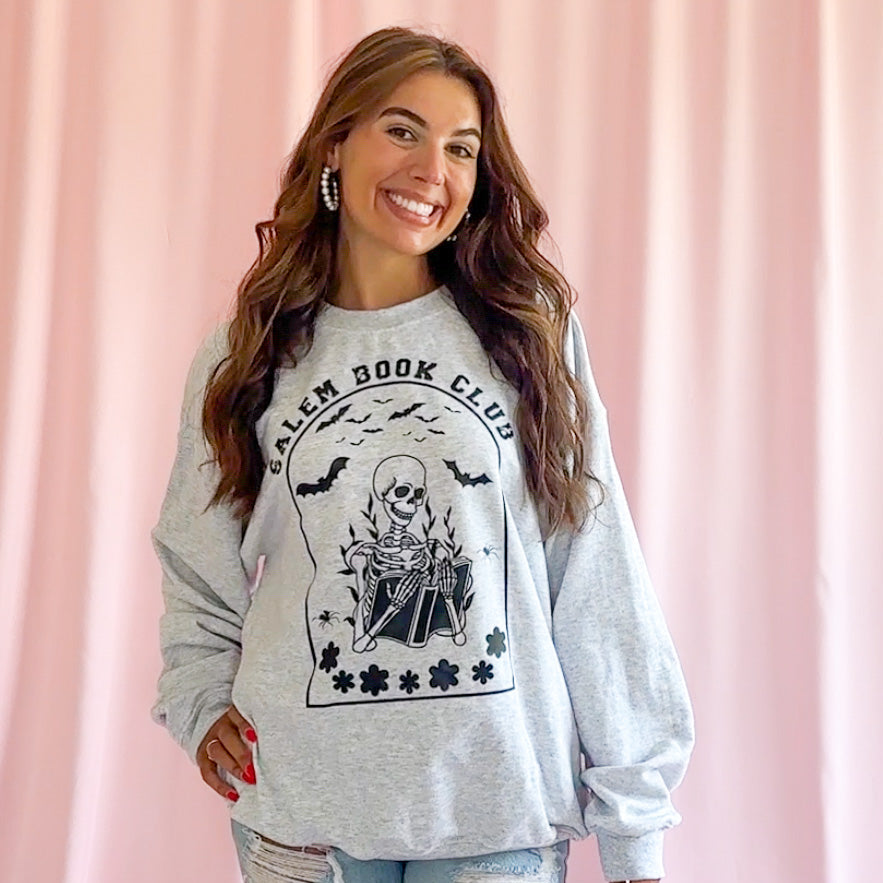 Salem Book Club Sweater Halloween Reading Apparel Oversized Cozy Comfort Literary Themed Fashion Witchy Aesthetic Design Perfect Book Lover Gift Spooky Season Essential Casual Lounging Wear Soft Material Quality Bibliophile Present Relaxed