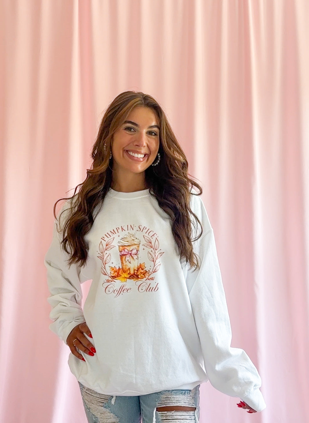 Cozy Fall Coffee Sweatshirt Oversized Autumn Top Comfortable Casual Wear Perfect Coffee Lover Gift Relaxed Fit Design Trendy Seasonal Fashion Warm Comfortable Style Chic Fall Wardrobe Essential Women Autumn Clothing Collection Must Have