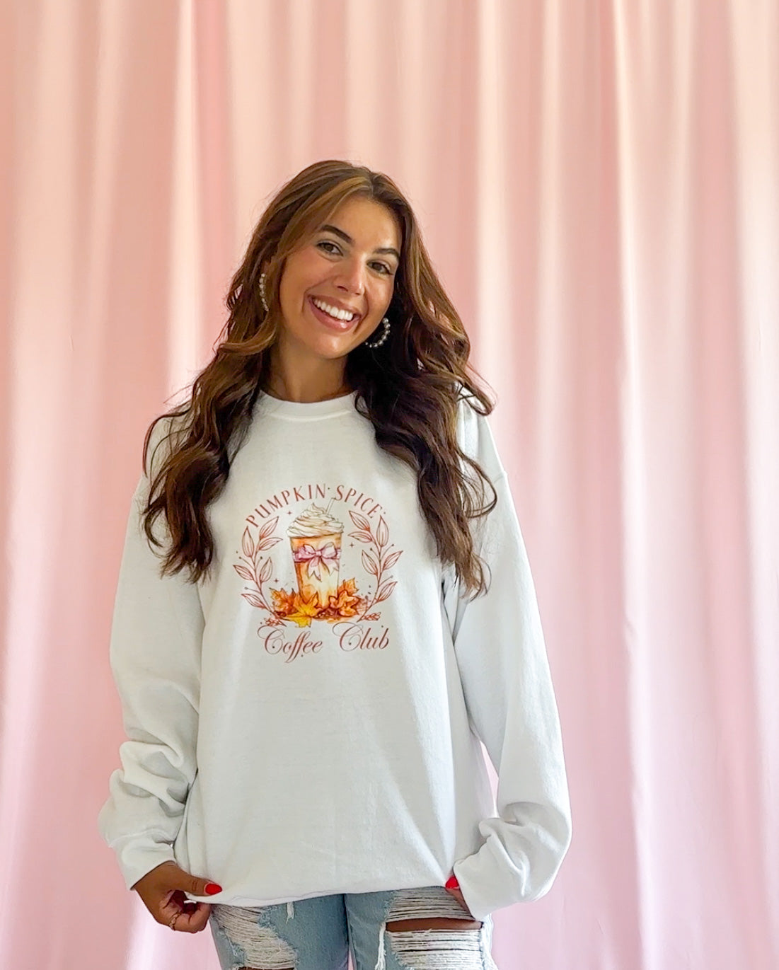 Comfortable Autumn Sweatshirt Oversized Fall Fashion Cozy Seasonal Clothing Perfect Casual Loungewear Relaxed Fit Style Trendy Coffee Shop Outfit Warm Weather Essential Chic Fall Wardrobe Collection Women Comfortable Wear Must Have Seasonal