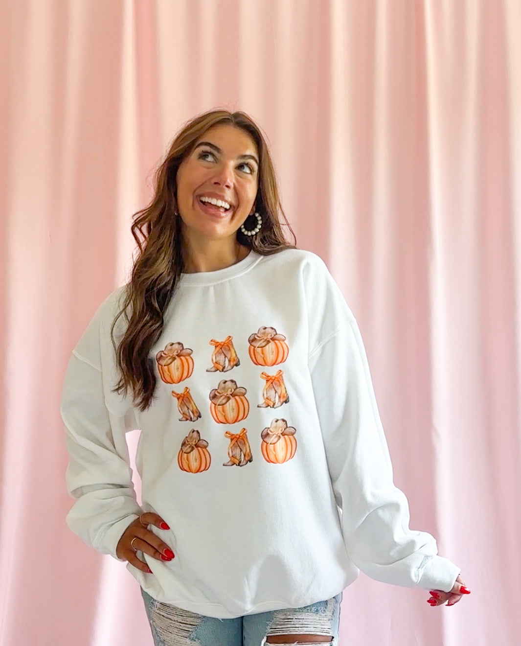 Cozy Pumpkin Sweatshirt Fall Western Design Cowboy Hat Style Comfortable Autumn Clothing Warm Seasonal Wear Cowgirl Boot Details Orange Bow Accent Perfect Fall Fashion Essential Casual Outfit Statement Playful Pumpkin Theme Western Country