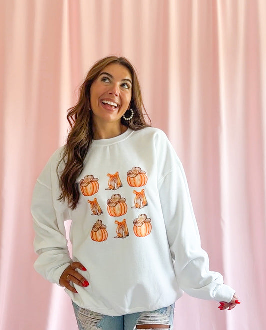 Cozy Pumpkin Sweatshirt Fall Western Design Cowboy Hat Style Comfortable Autumn Clothing Warm Seasonal Wear Cowgirl Boot Details Orange Bow Accent Perfect Fall Fashion Essential Casual Outfit Statement Playful Pumpkin Theme Western Country