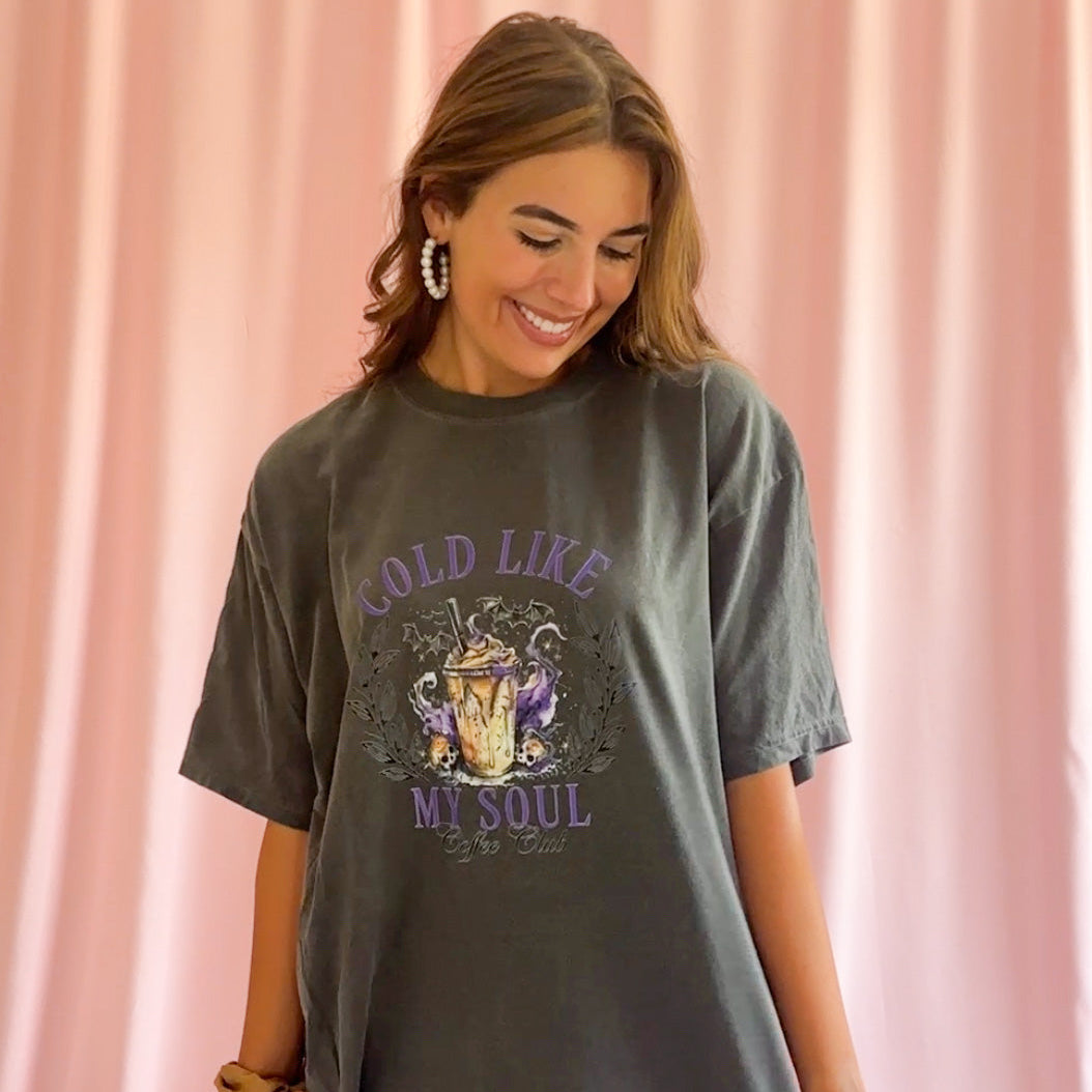 Halloween Coffee Shirt Perfect Gift Coffee Lover Sassy Cold Soul Graphic Tee Unisex Comfortable Fit Spooky Season Apparel Fall Fashion Statement Casual Everyday Wear Soft Material Construction Pumpkin Patch Outfit Coffee Run Essential