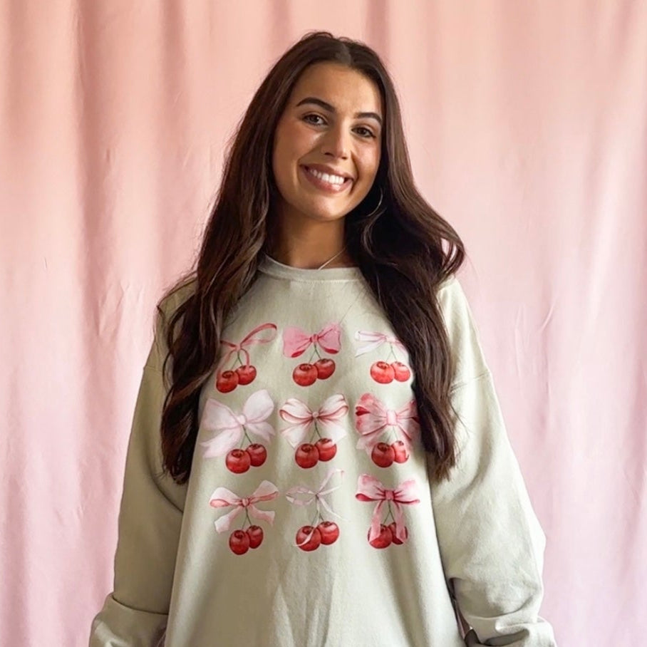 Cherry Coquette Bow Sweatshirt – Unisex Aesthetic Graphic Crewneck