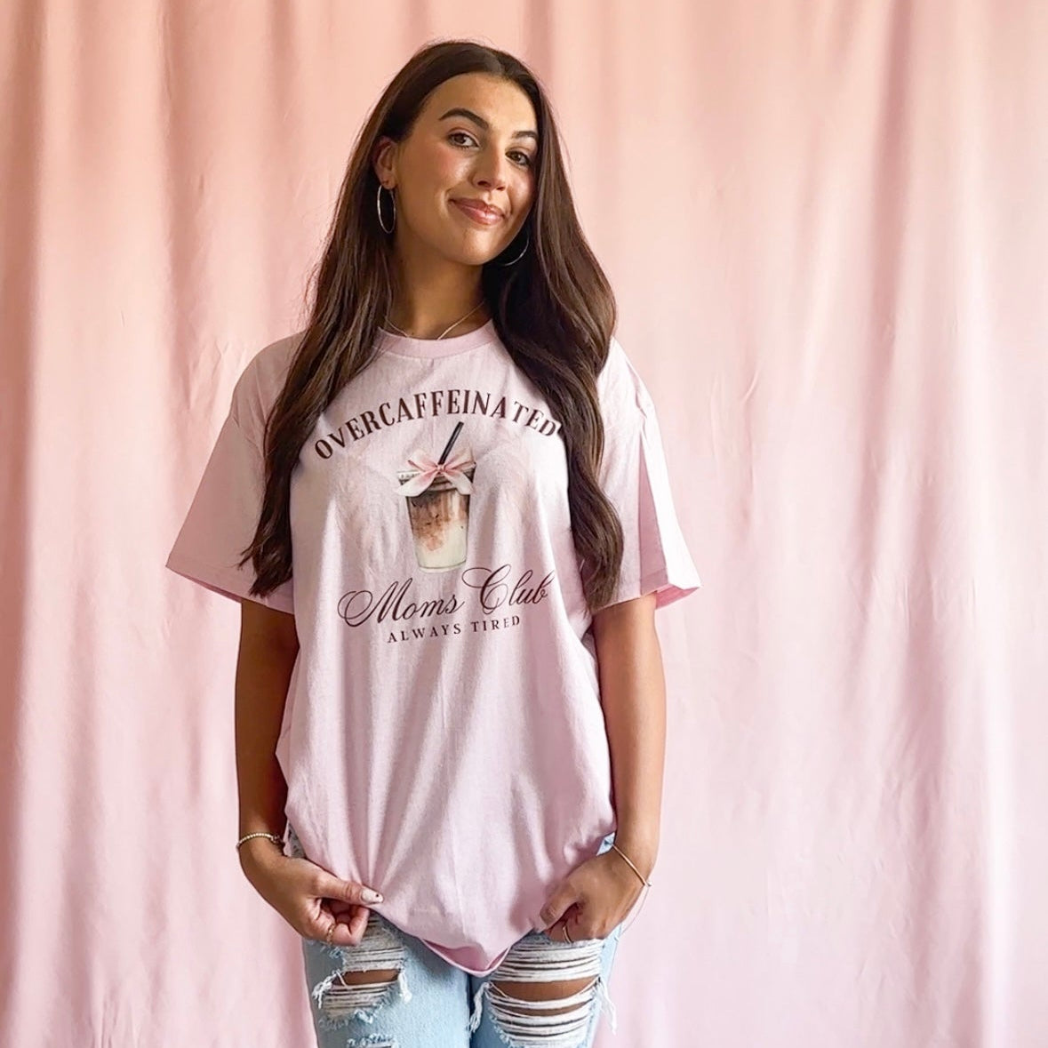 Over Caffeinated Mom Club T-Shirt – Pink Unisex Graphic Tee, Funny Mom Coffee Shirt
