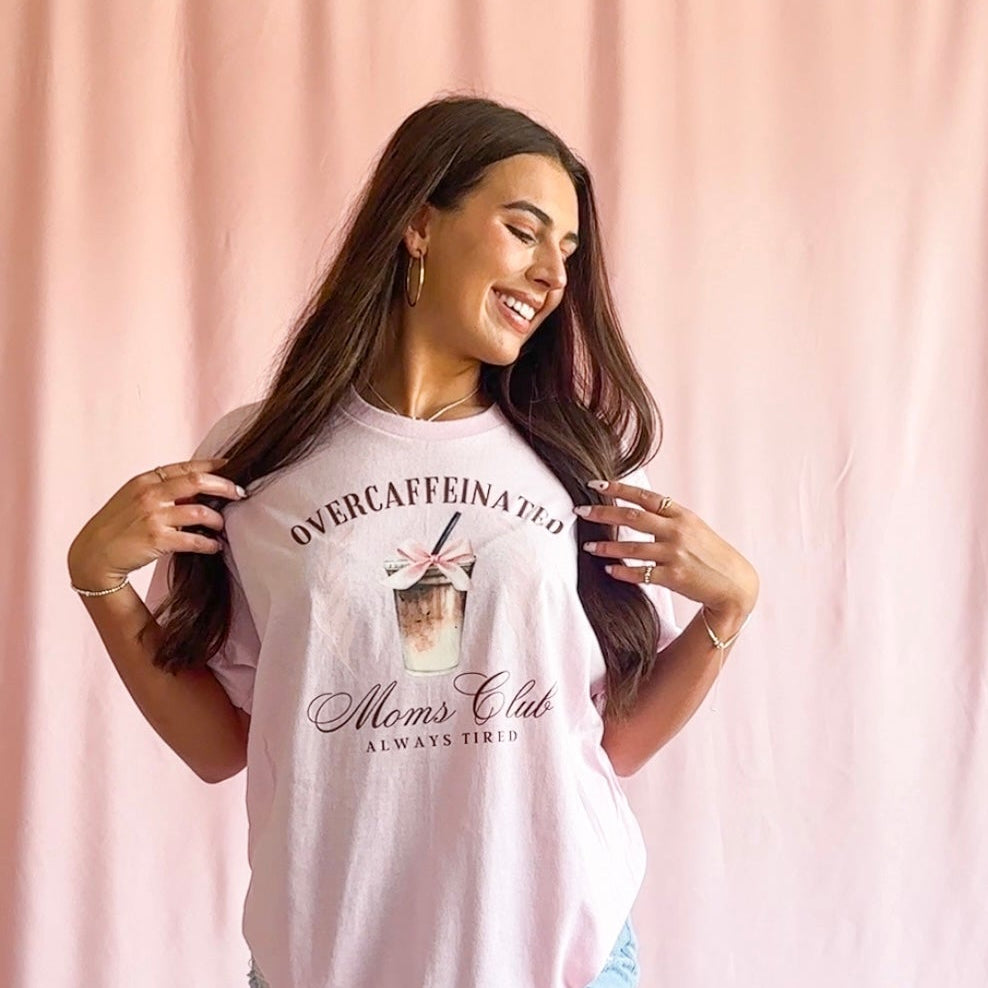 Over Caffeinated Mom Club T-Shirt – Pink Unisex Graphic Tee, Funny Mom Coffee Shirt