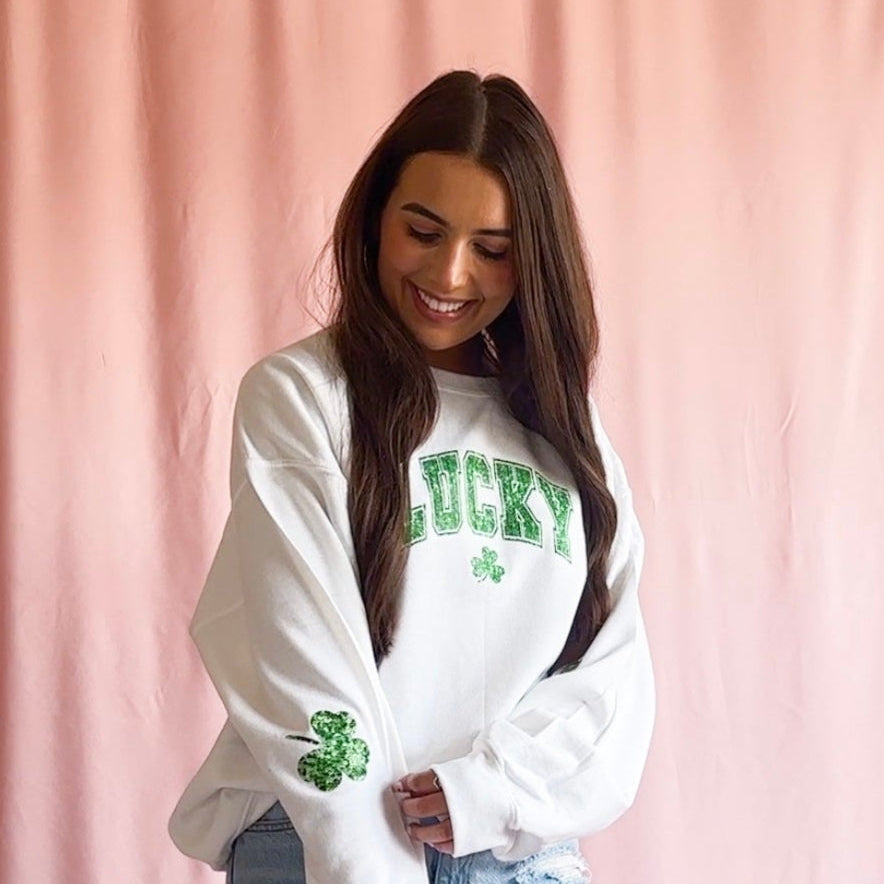 St Patrick's Day Women White Sweatshirt Sparkle Graphic Oversized Sweater
