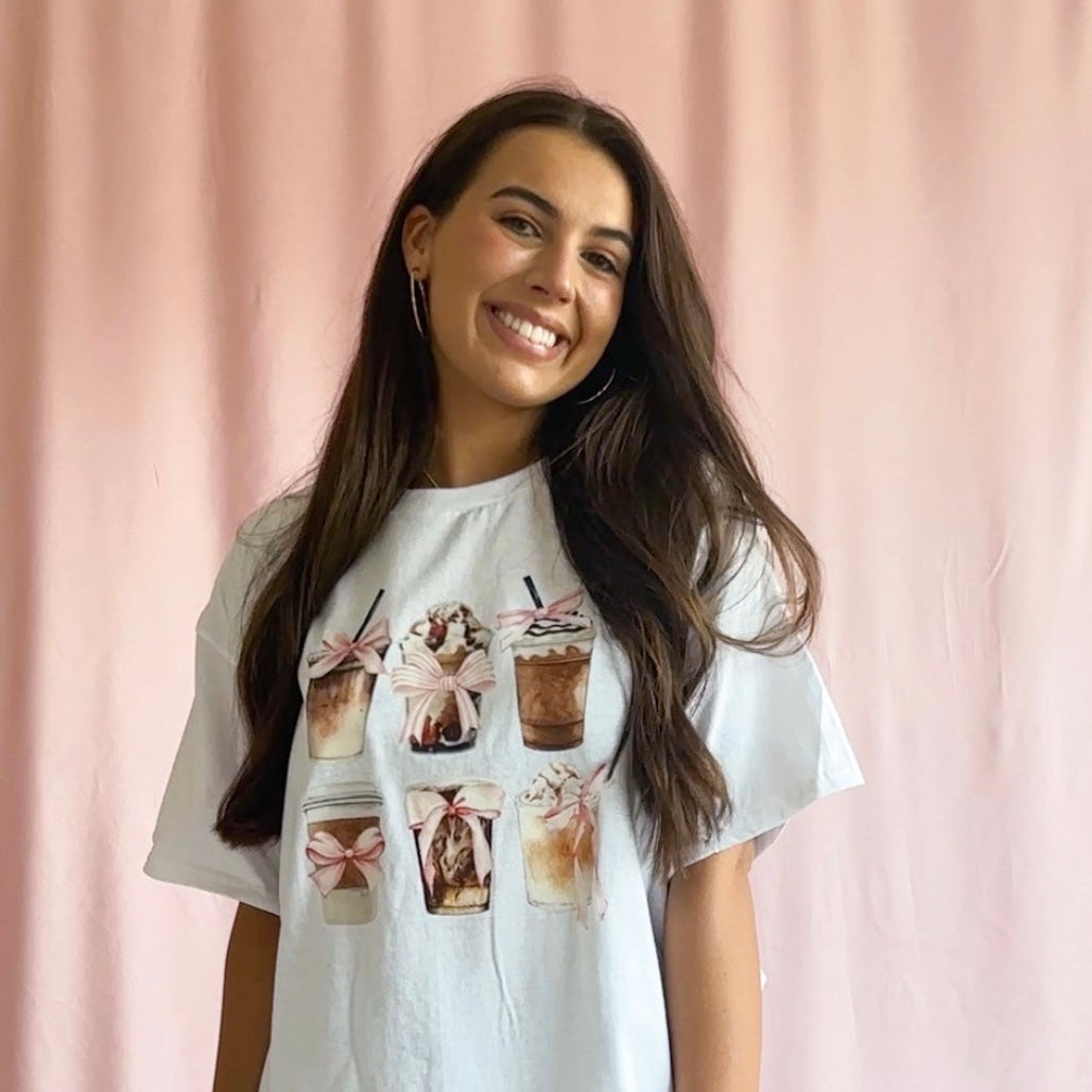 Coquette Coffee T-Shirt – Unisex Bow Aesthetic Tee with Iced Coffee & Latte Graphics