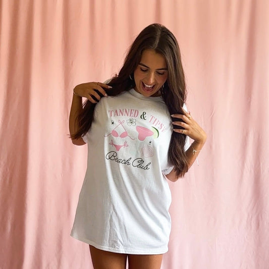 tanned and tipsy shirt, beach club shirt, summer graphic tee, beach party shirt, vacation outfit tee, cocktail beach shirt, unisex summer shirt, tropical vibe tee