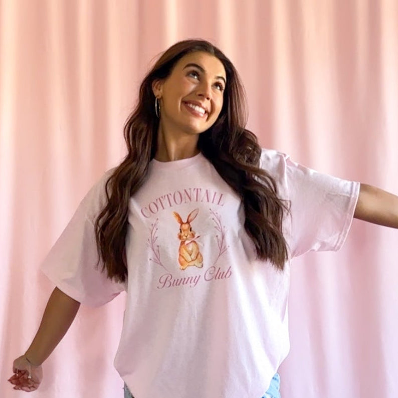 Cottontail Bunny Club Easter T-Shirt – Pink Unisex Easter Graphic Tee