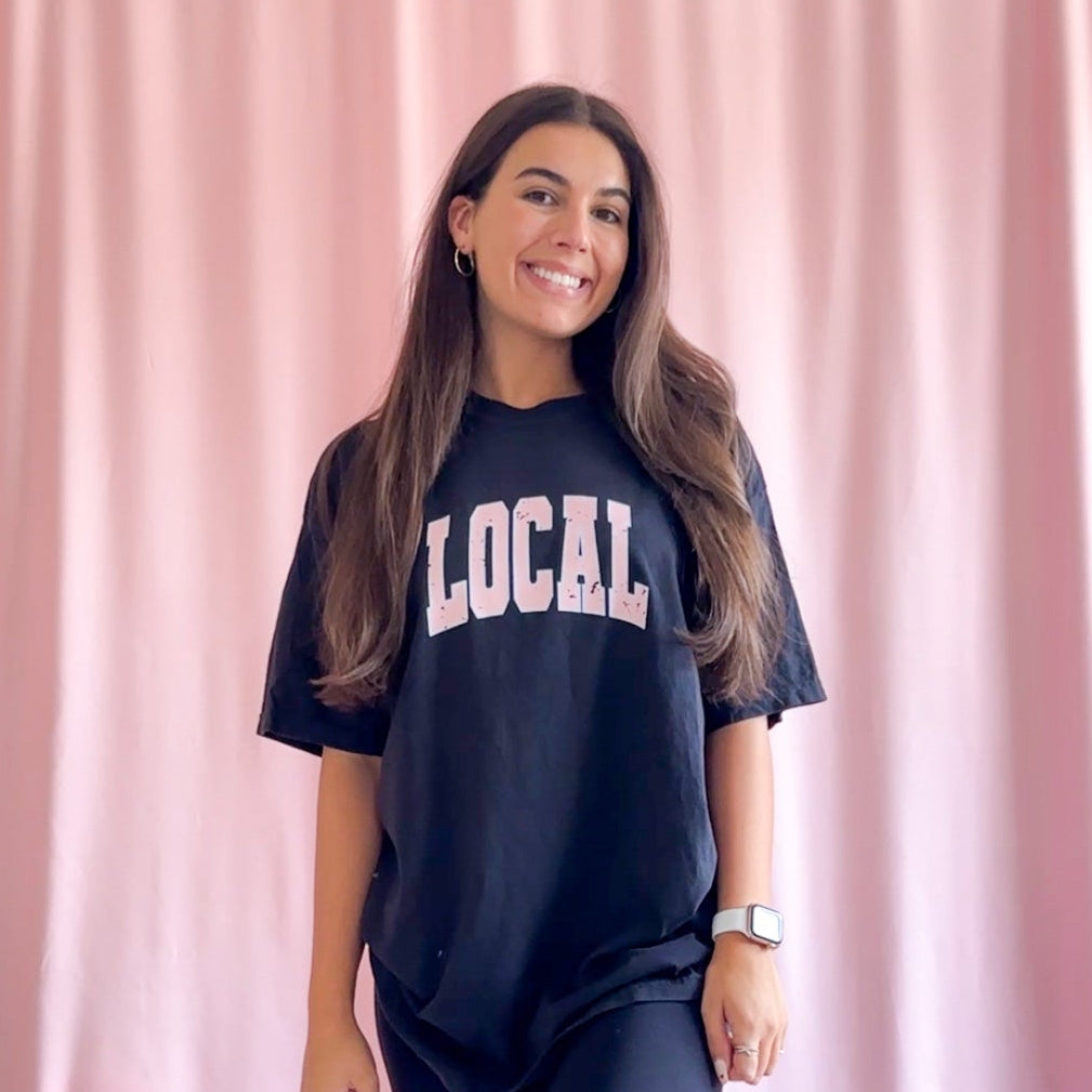 “Local” T-Shirt – Black Unisex Graphic Tee with Pink Distressed Design