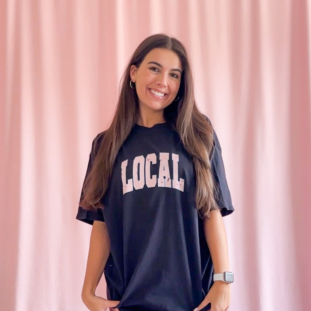 “Local” T-Shirt – Black Unisex Graphic Tee with Pink Distressed Design