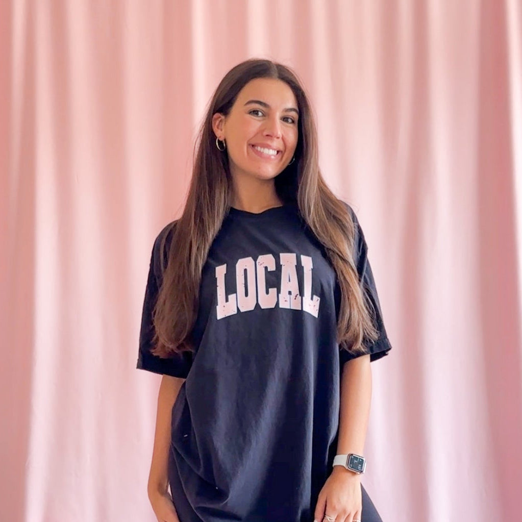 “Local” T-Shirt – Black Unisex Graphic Tee with Pink Distressed Design