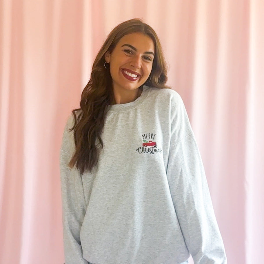 Christmas Sweatshirt Embroidered Farm Truck Design Holiday Wear Cozy Festive Clothing Perfect Winter Gift Farmhouse Style Christmas Outfit Vintage Truck Embroidery Quality Construction Casual Holiday Party Essential Comfortable Seasonal