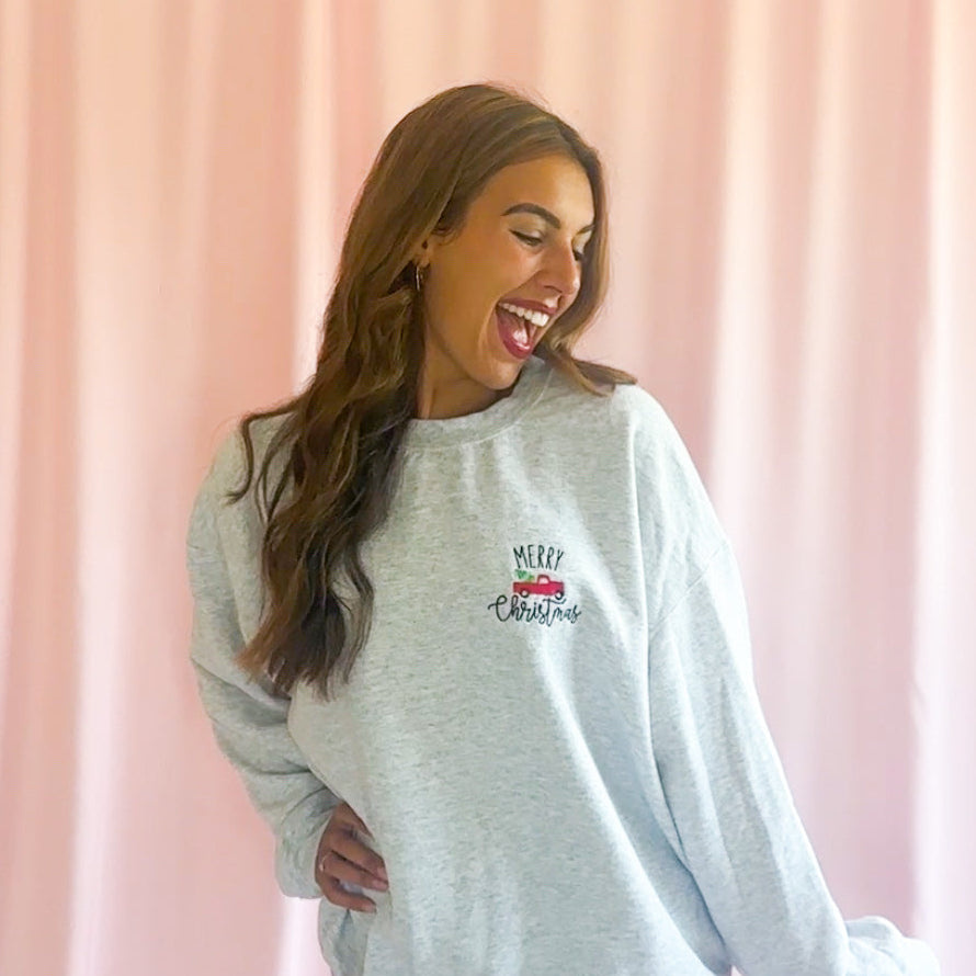 Farm Truck Christmas Sweatshirt Embroidered Holiday Design Farmhouse Style Festive Wear Cozy Winter Clothing Vintage Truck Theme Christmas Gift Essential Comfortable Seasonal Outfit Quality Embroidery Details Perfect Holiday Party Wear