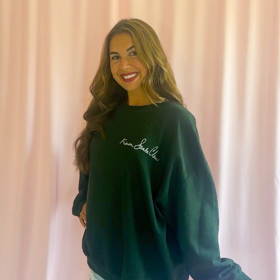 Green Christmas Sweatshirt From Santa Claus Design Festive Holiday Pullover Cozy Winter Apparel Perfect Christmas Party Outfit Comfortable Premium Fabric Casual Holiday Wear Family Gathering Essential Merry Bright Style Gift For Christmas