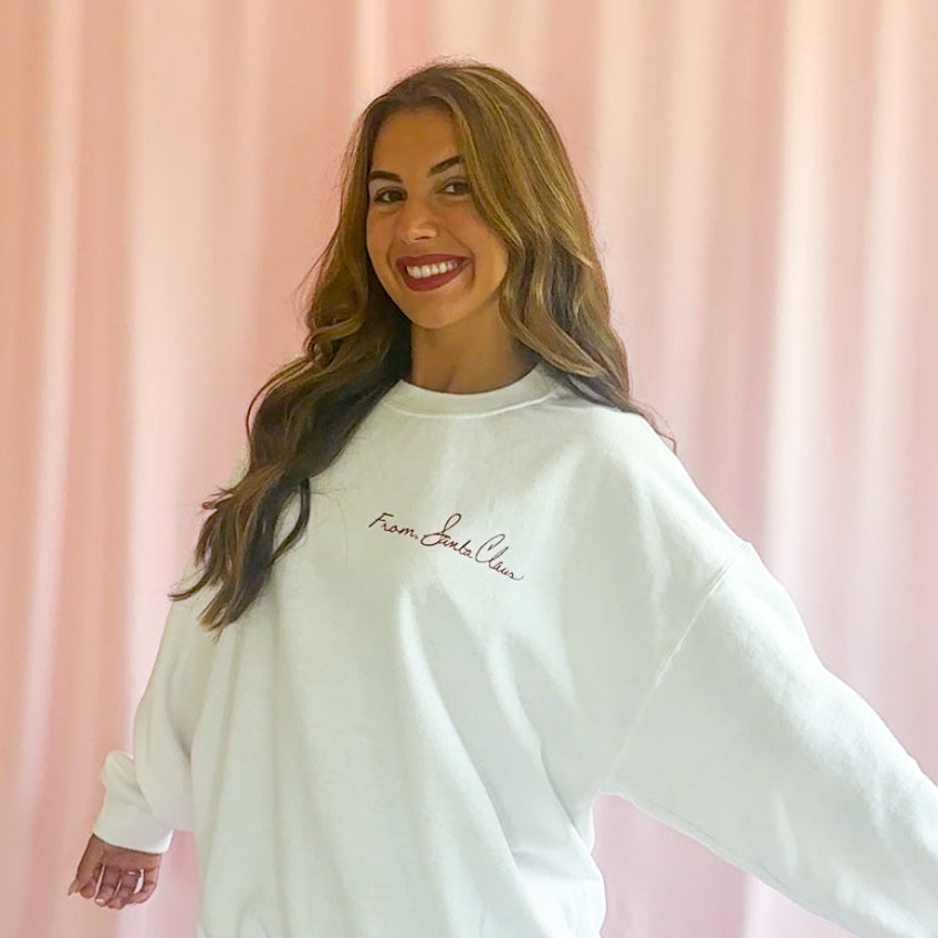 White Christmas Sweatshirt From Santa Claus Design Perfect Holiday Gift For Family Members Festive Season Clothing Cozy Premium Fabric Construction Winter Celebration Outfit Christmas Party Attire Comfortable Casual Wear Holiday Season