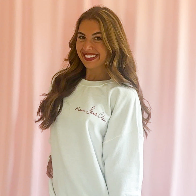 Festive Holiday Sweatshirt White Christmas Design From Santa Claus Text Perfect Party Outfit Winter Celebration Wear Premium Cozy Fabric Quality Construction Christmas Season Essential Comfortable Casual Style Beautiful Family Gathering