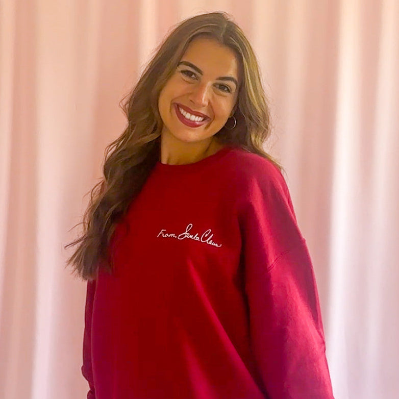 Red Christmas Sweatshirt Santa Claus Design Festive Holiday Top Perfect Party Outfit Cozy Premium Fabric Winter Season Essential Family Gathering Wear Comfortable Casual Style Merry Bright Fashion Gift Idea Seasonal Wardrobe Addition Warm