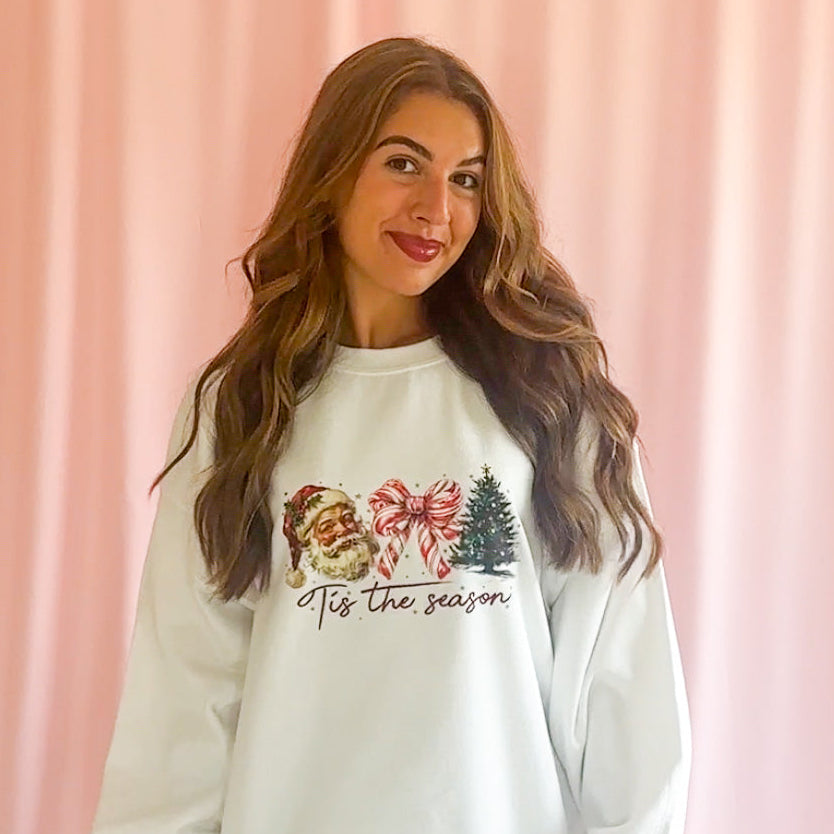 Christmas Sweatshirt Women Festive Holiday Gift Perfect Santa Design Candy Cane Details Pine Tree Graphics Cozy Winter Sweater Premium Quality Fabric Comfortable Seasonal Wear Whimsical Holiday Pattern Original Artwork Collection Party