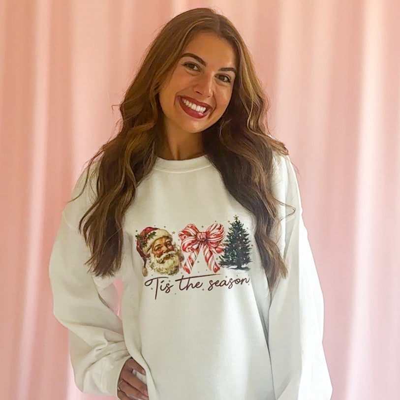 Festive Holiday Sweatshirt Christmas Party Outfit Women Cozy Santa Design Candy Cane Bow Details Pine Tree Pattern Comfortable Winter Wear Premium Sweater Quality Casual Gathering Essential Whimsical Christmas Graphics Soft Fabric