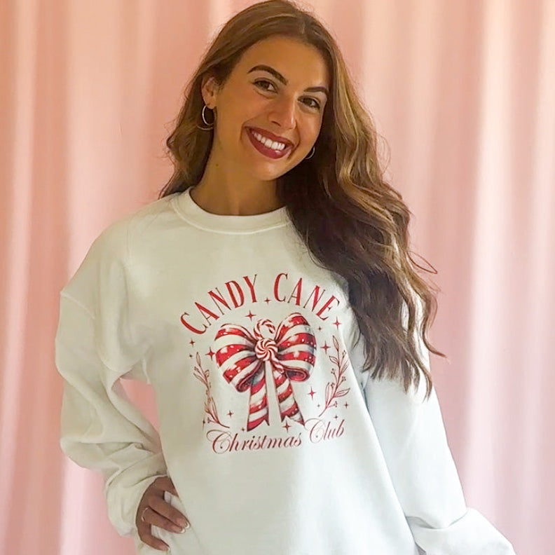 Holiday Gathering Outfit Christmas Sweatshirt Design Candy Cane Graphics Pattern Nostalgic Festive Clothing Cozy Winter Comfort Wear Perfect Party Essential Charming Holiday Style Casual Christmas Fashion Vintage Inspired Design Premium