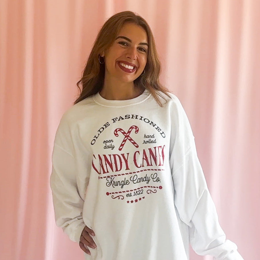 Holiday Gathering Outfit Christmas Sweatshirt Design Candy Cane Graphics Pattern Nostalgic Festive Clothing Cozy Winter Comfort Wear Perfect Party Essential Charming Holiday Style Casual Christmas Fashion Vintage Inspired Design Premium