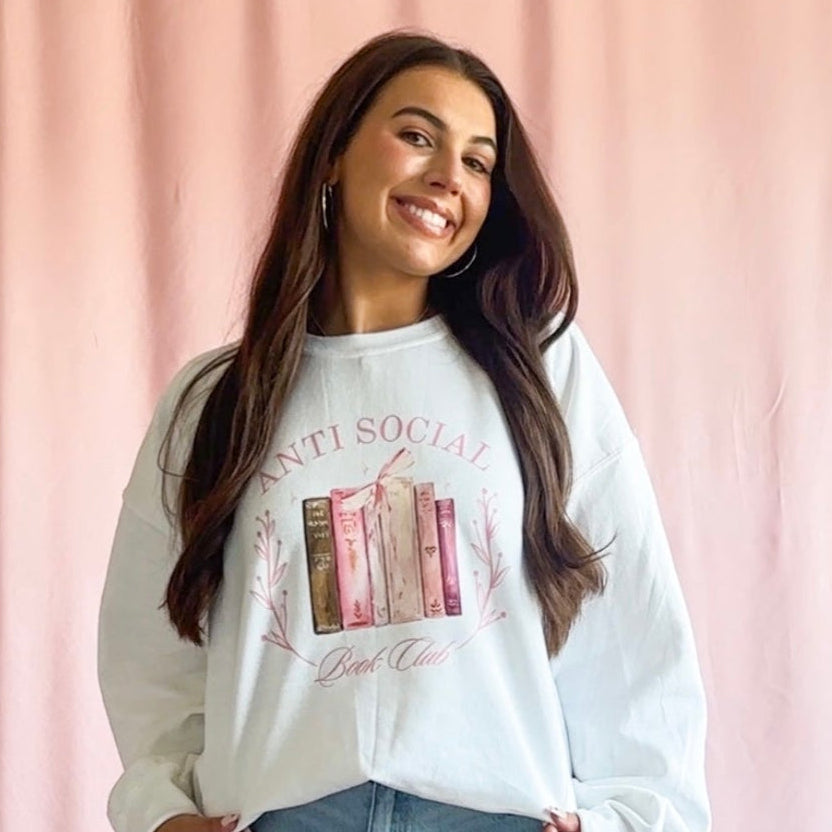 antisocial book club sweatshirt reader pink sweater white sweatshirt reader book lover gift 