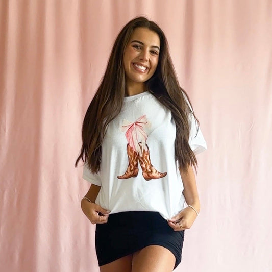 cowgirl boot shirt, western coquette shirt, bow aesthetic tee, cowgirl graphic t-shirt, country outfit shirt, girly western shirt, unisex cowgirl tee, rodeo outfit shirt