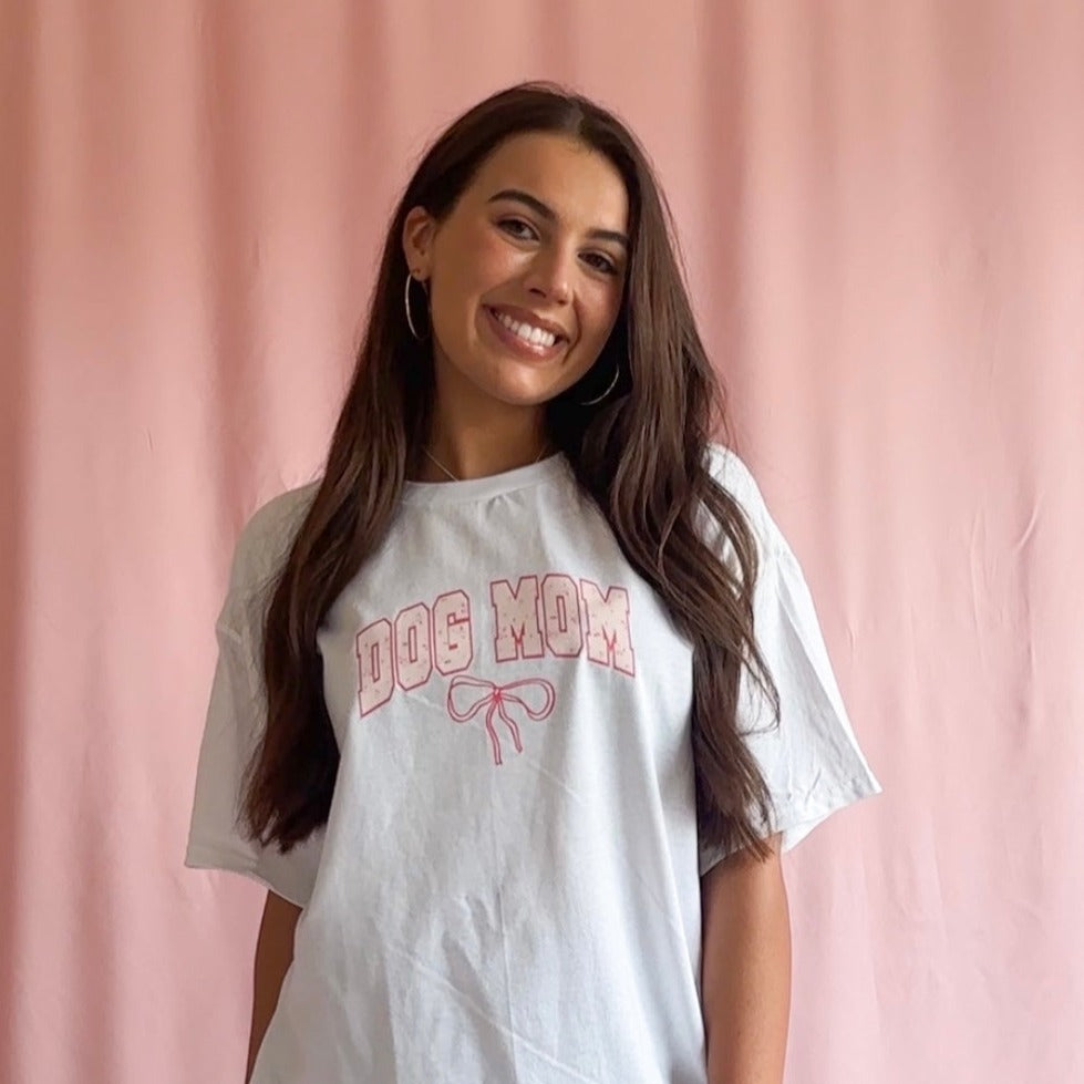 dog mom shirt pink bow shirt women trendy tshirt oversize white shirt pink graphic dog mama tshirt new dog mom gift 