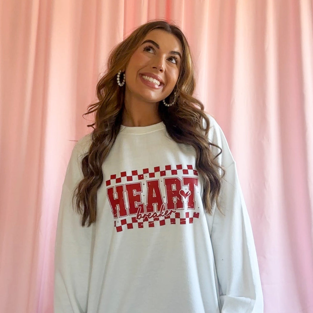 Valentine Graphic Sweatshirt Heartbreaker Design Women Oversized Fit Edgy Playful Statement Piece Perfect Holiday Celebration Wear Ultra Soft Cozy Fabric Vintage Inspired Font Bold Message Design Contemporary Fashion Essential Breathable
