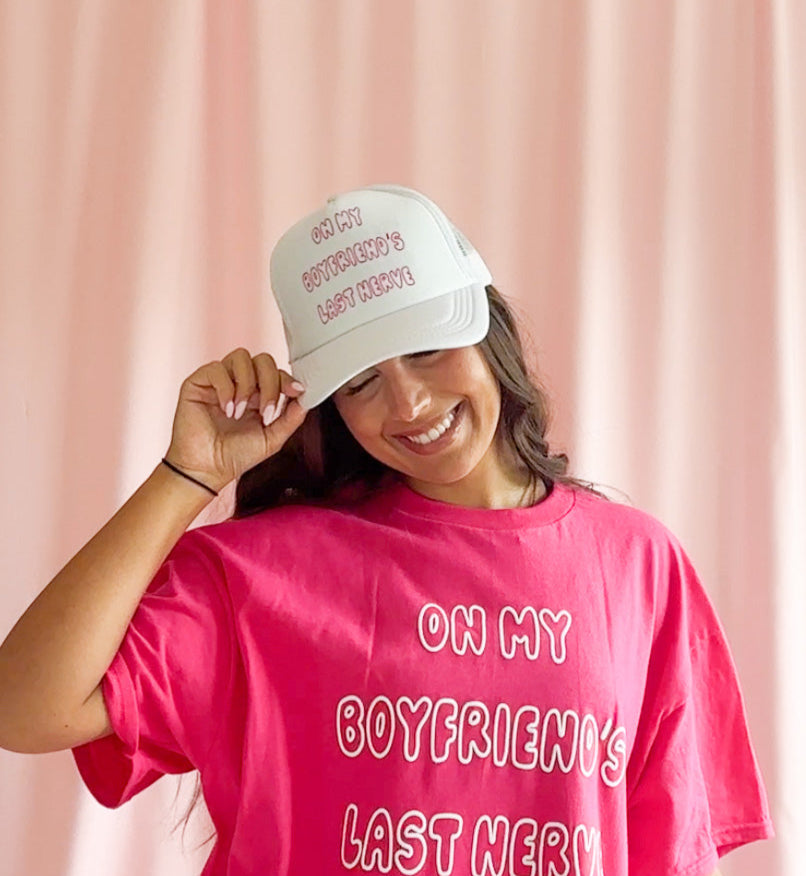 Sassy Boyfriend Humor Hat Funny Girlfriend Trucker Cap Adjustable Baseball Style White Mesh Back Design Trendy Casual Accessory Relationship Gift Present Birthday Surprise Girlfriend Fashion Essential Everyday Wear Summer Hat Collection