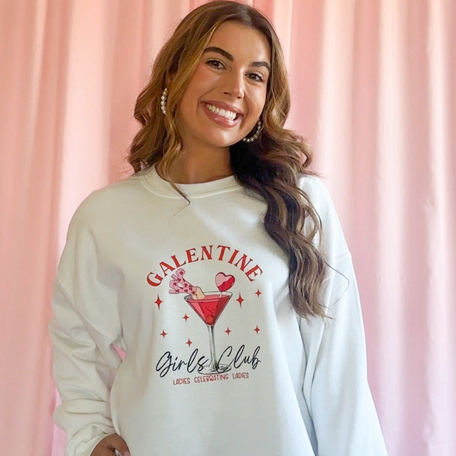 Best Friend Gift Sweatshirt Sisterhood Celebration Top Women Empowerment Graphic Design Galentine Day Party Outfit Girls Celebrating Friendship Cozy Comfortable Casual Wear Soft Fabric Construction Perfect Female Bonding Present Statement