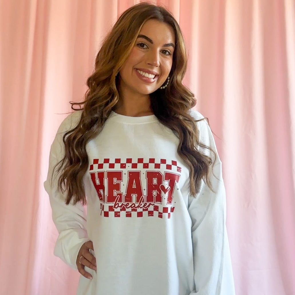 Women Valentine Sweatshirt Heartbreaker Graphic Oversized Cozy Design Ultra Soft Breathable Fabric Vintage Inspired Font Style Bold Statement Apparel Perfect Casual Fashion Essential Deep Rich Color Contemporary Look Edgy Playful Holiday