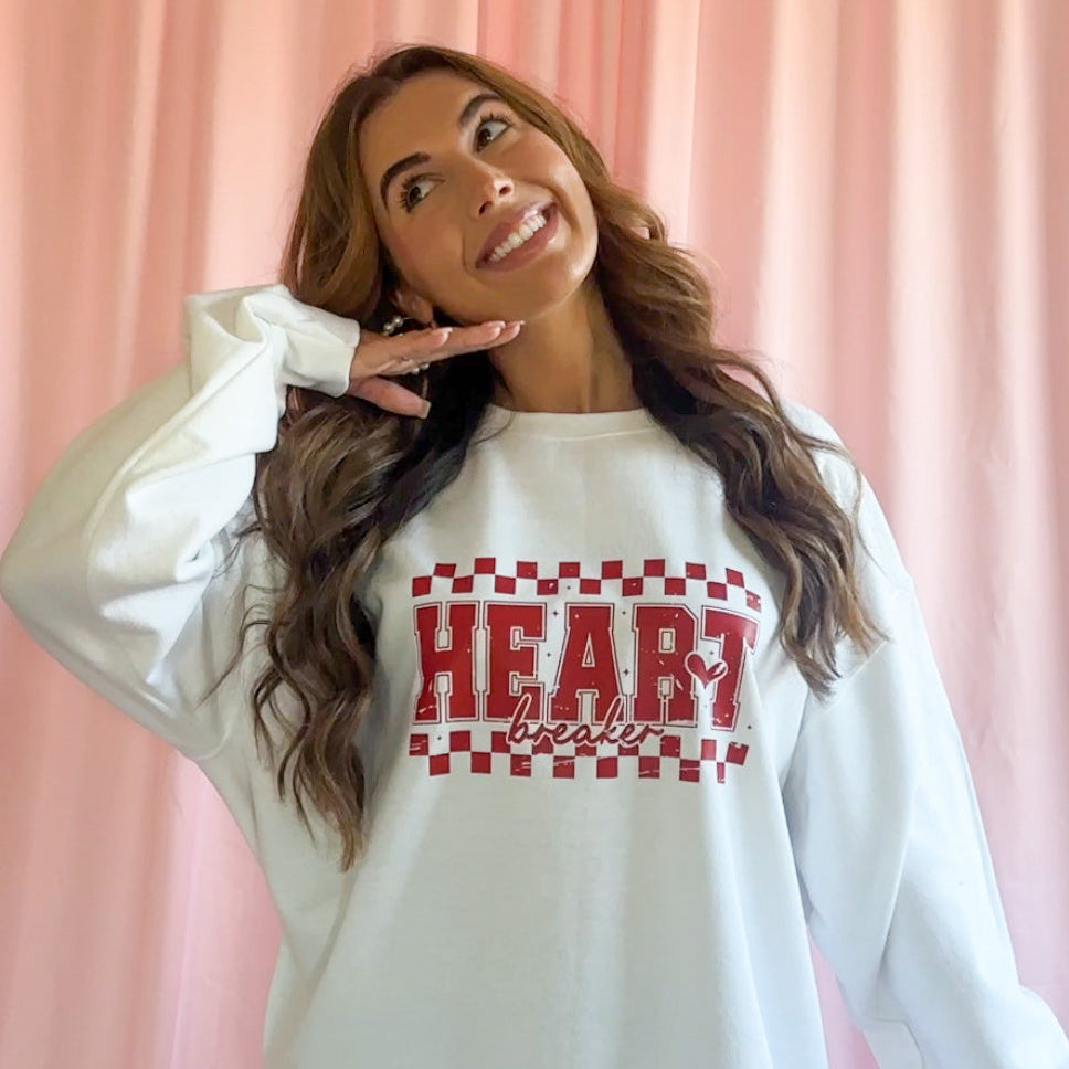 Heartbreaker Sweatshirt Women Valentine Day Outfit Oversized Cozy Fit Perfect Holiday Gift Graphic Design Bold Statement Piece Ultra Soft Breathable Fabric Vintage Inspired Font Edgy Playful Style Casual Fashion Essential Deep Rich Color